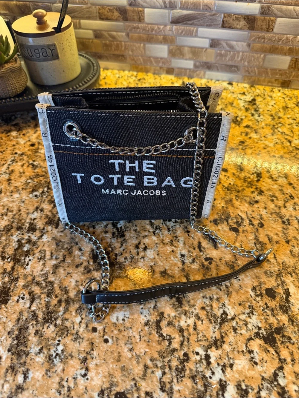 Marc Jacobs Black Canvas 'The Tote Bag' Mini with White Trim and Silver Chain